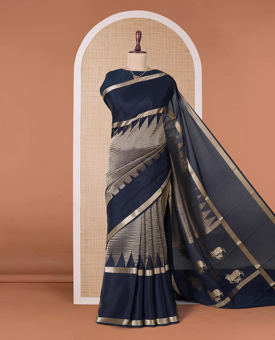 Black shimmer Mysore silk saree, contrast rettai pettu traditional designs, and pallu of Pichwai cow motifs