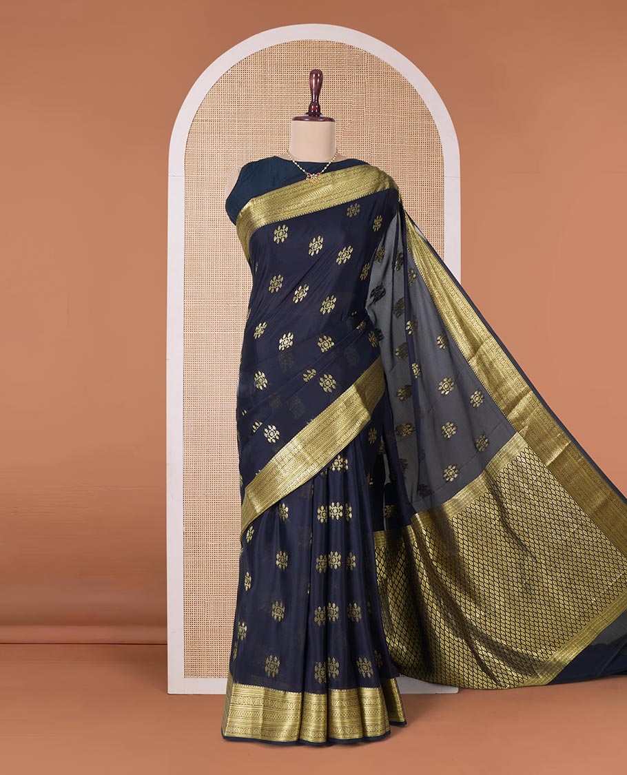 Black zari buttas Mysore silk saree, traditional zari border, and jaal pallu