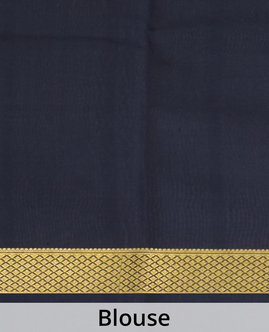 Green zari checked Mysore silk saree, contrast peacock eye border, and zari striped pallu