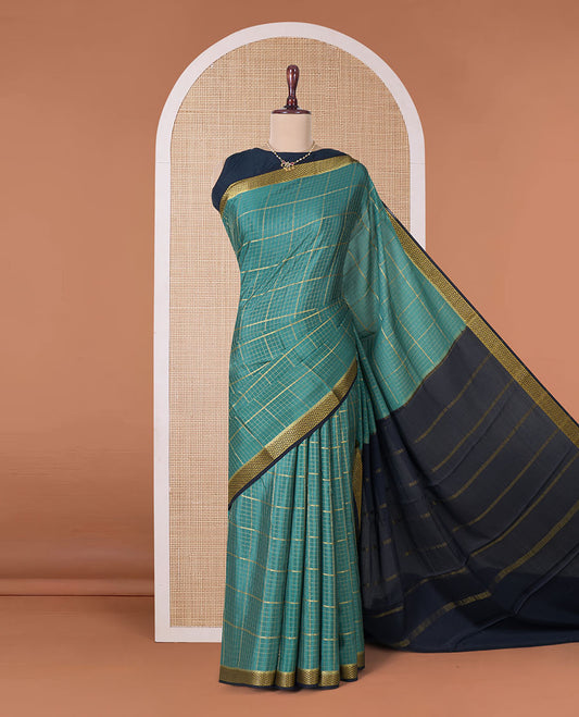 Green zari checked Mysore silk saree, contrast peacock eye border, and zari striped pallu