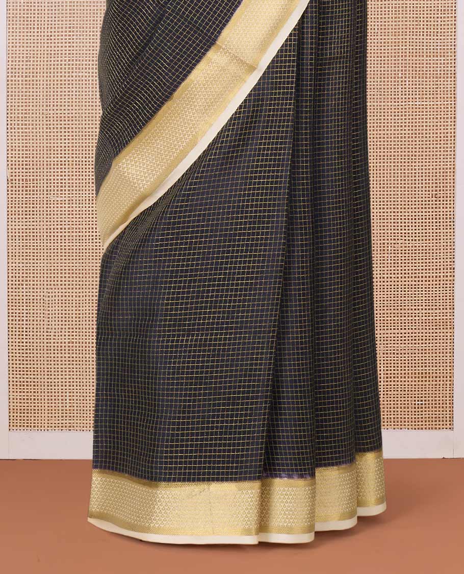 Black zari checked Mysore silk saree, contrast traditional zari border, and zari design pallu