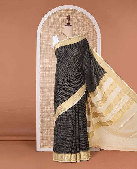 Black zari checked Mysore silk saree, contrast traditional zari border, and zari design pallu