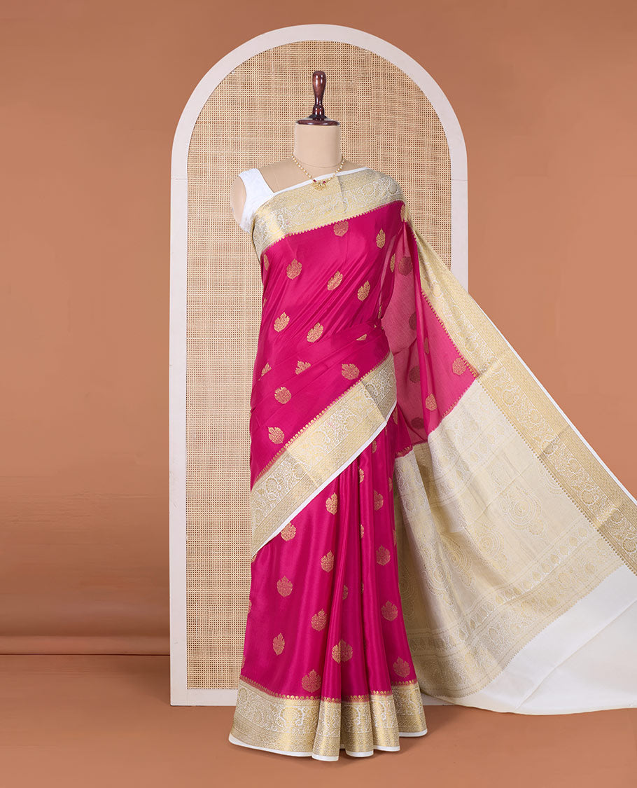 Pink zari buttas Mysore silk saree, contrast traditional zari floral creeper border, and intricate pallu