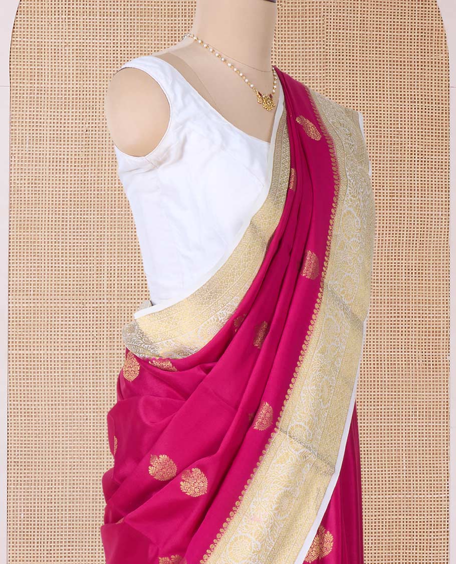 Pink zari buttas Mysore silk saree, contrast traditional zari floral creeper border, and intricate pallu