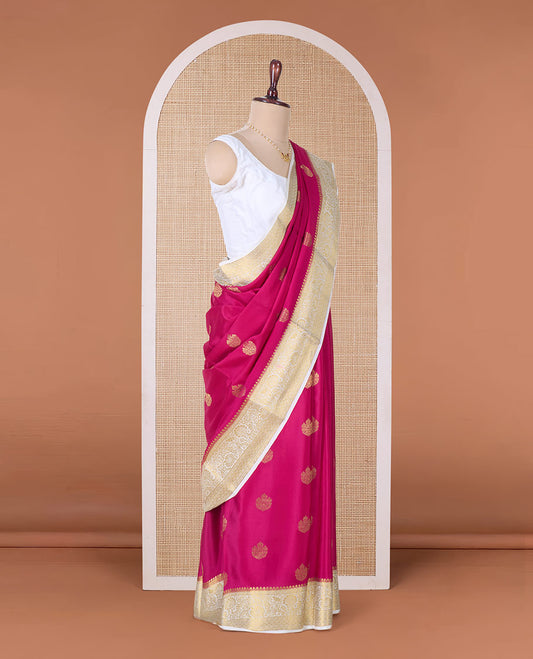 Pink zari buttas Mysore silk saree, contrast traditional zari floral creeper border, and intricate pallu