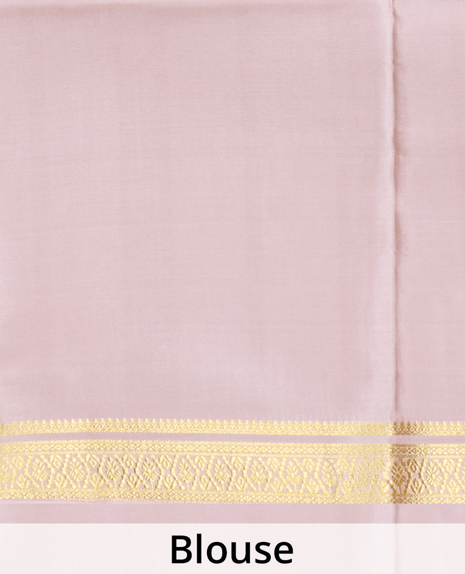 Beige zari buttas and checked Mysore silk saree, traditional zari border, and zari striped pallu