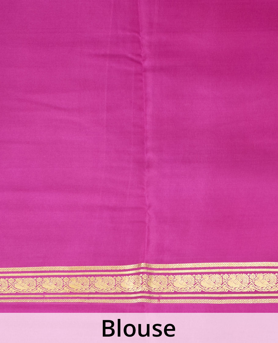 Peach plain Mysore silk saree, contrast rettai pettu traditional zari border, and zari striped pallu