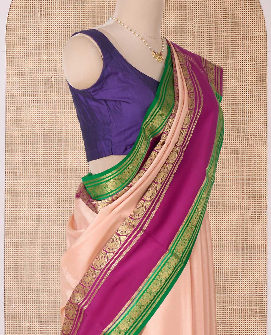 Peach plain Mysore silk saree, contrast rettai pettu traditional zari border, and zari striped pallu