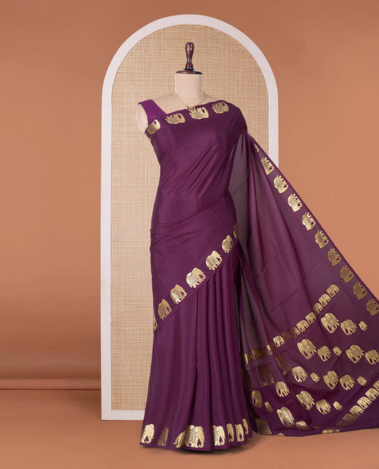 Purple plain Mysore silk saree with elephant motifs zari border, and pallu of miniatures of elephant motifs