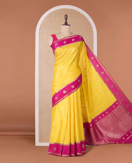 Yellow zari butta zari buttas Mysore silk saree, contrast traditional zari border, and pallu of jaal design