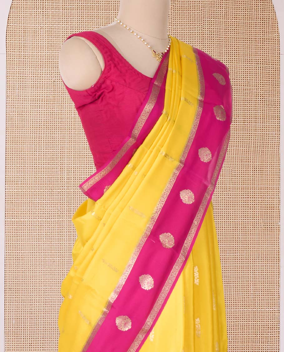 Yellow zari butta zari buttas Mysore silk saree, contrast traditional zari border, and pallu of jaal design