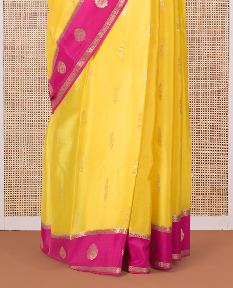 Yellow zari butta zari buttas Mysore silk saree, contrast traditional zari border, and pallu of jaal design