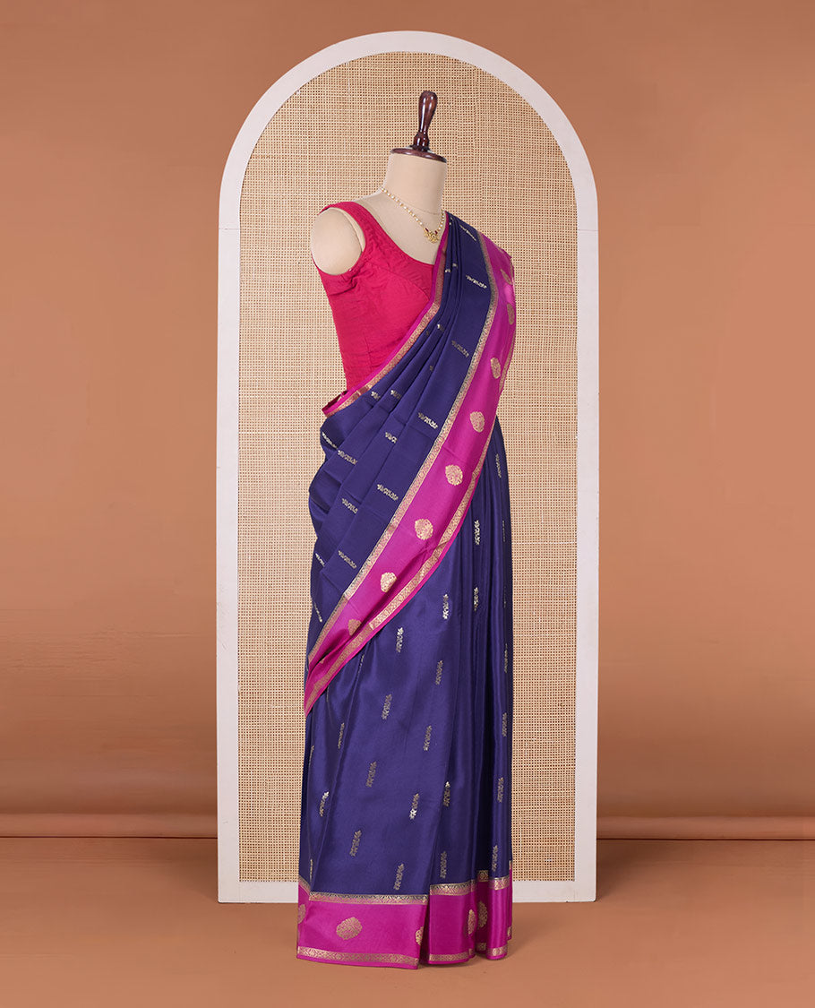 Blue zari buttas Mysore silk saree, contrast traditional zari border, and jaal pallu