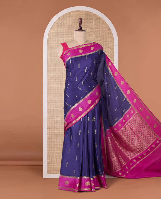Blue zari buttas Mysore silk saree, contrast traditional zari border, and jaal pallu