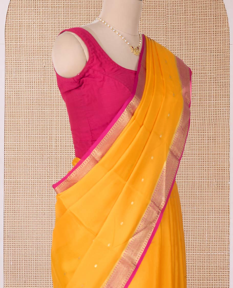 Orange zari buttas Mysore silk saree, contrast traditional zari border, and zari design pallu