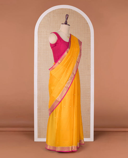 Orange zari buttas Mysore silk saree, contrast traditional zari border, and zari design pallu