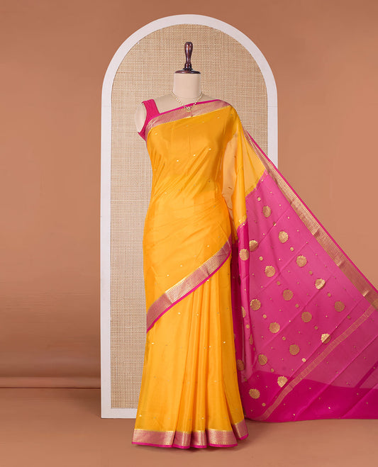 Orange zari buttas Mysore silk saree, contrast traditional zari border, and zari design pallu