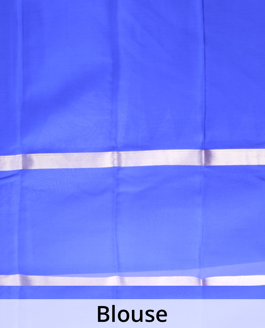 Blue shimmer Mysore silk saree, contrast rettai pettu traditional designs, and pallu of Pichwai cow motifs