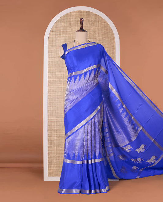 Blue shimmer Mysore silk saree, contrast rettai pettu traditional designs, and pallu of Pichwai cow motifs