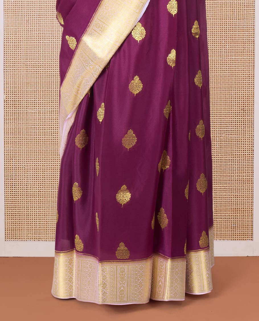 Maroon zari buttas Mysore silk saree, contrast traditional zari border, and jaal pallu
