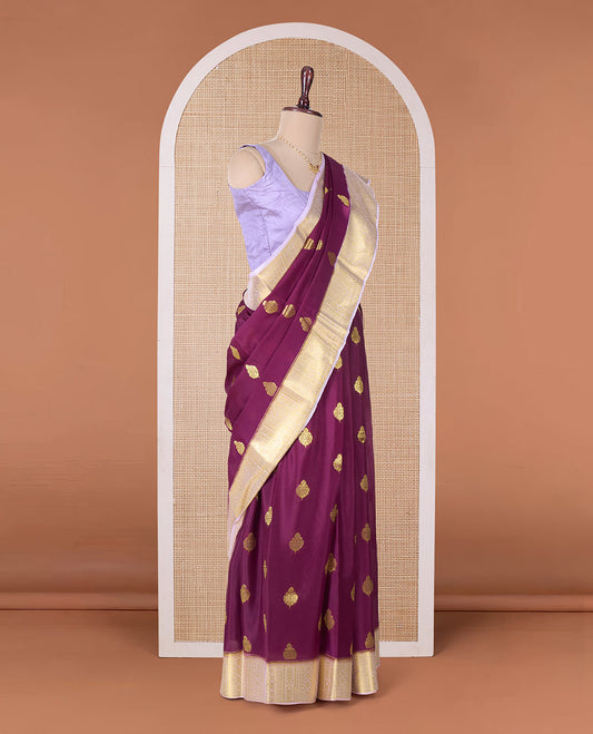 Maroon zari buttas Mysore silk saree, contrast traditional zari border, and jaal pallu