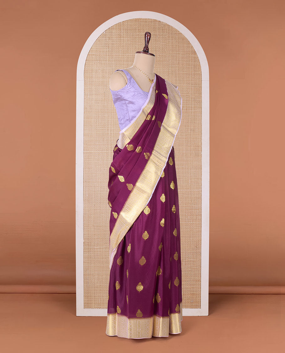 Maroon zari buttas Mysore silk saree, contrast traditional zari border, and jaal pallu