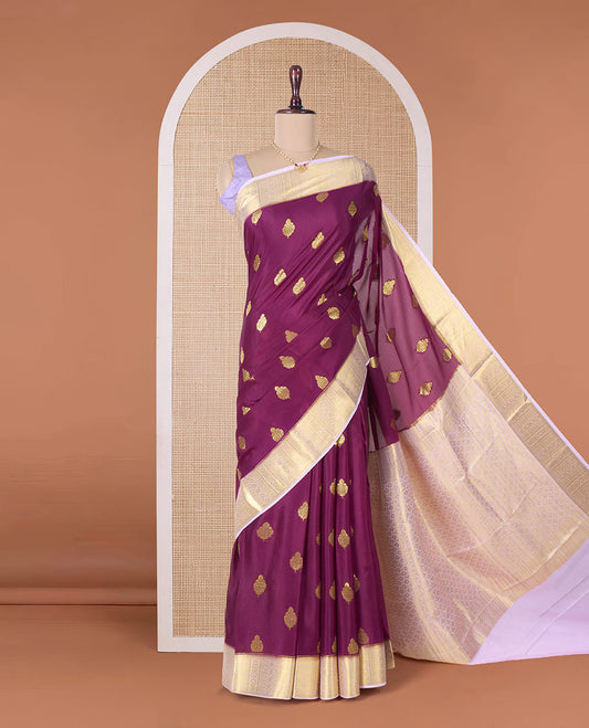 Maroon zari buttas Mysore silk saree, contrast traditional zari border, and jaal pallu