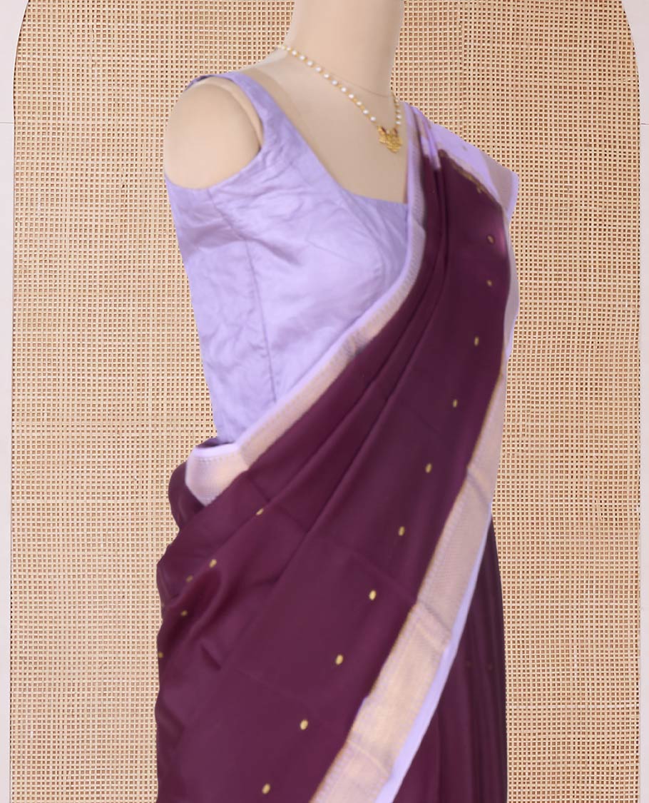 Maroon zari buttas Mysore silk saree, contrast traditional zari border, and pallu of zari designs