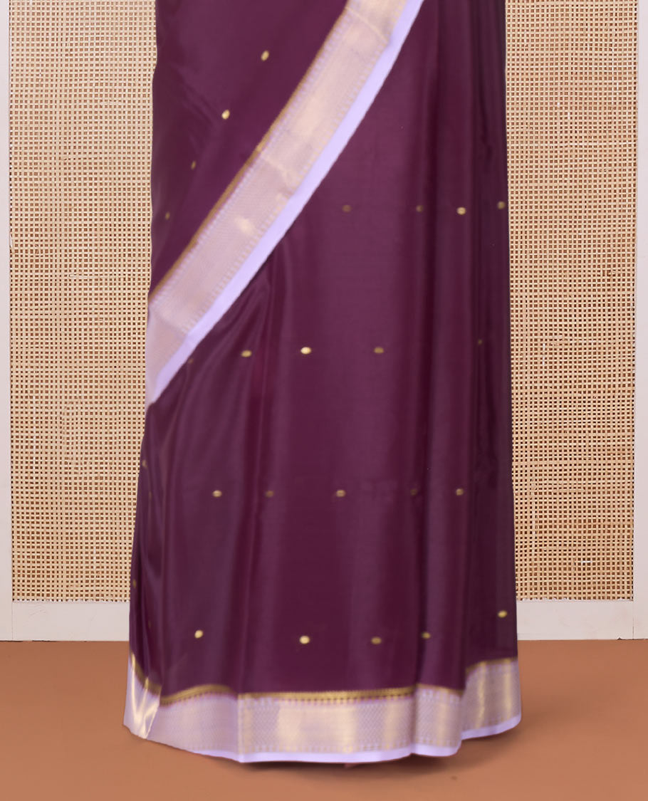 Maroon zari buttas Mysore silk saree, contrast traditional zari border, and pallu of zari designs