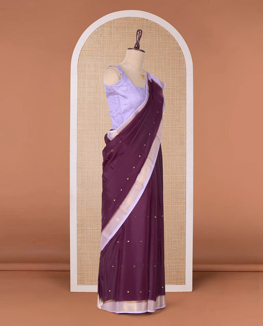 Maroon zari buttas Mysore silk saree, contrast traditional zari border, and pallu of zari designs