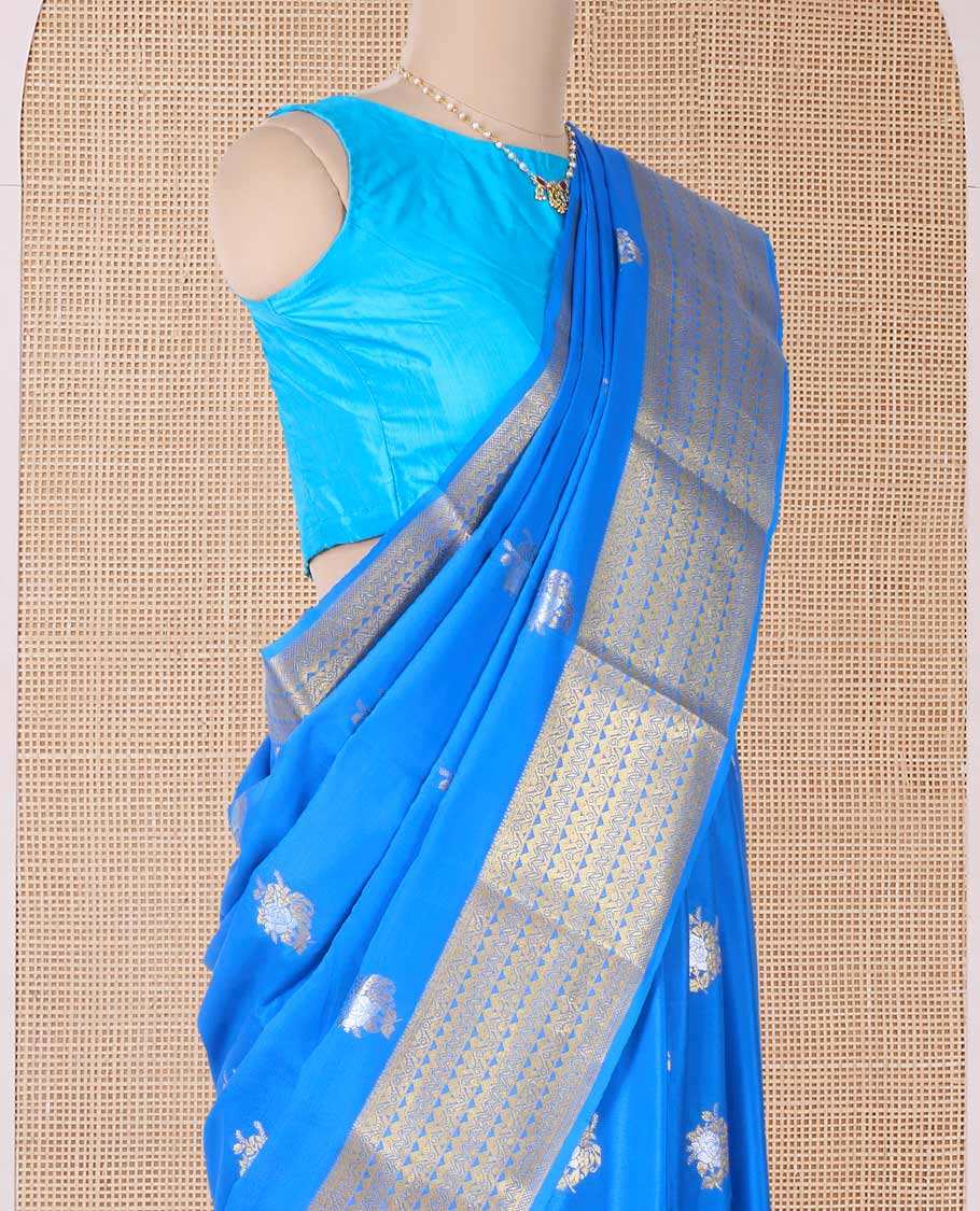 Blue zari buttas Mysore silk saree, traditional zari border, and pallu