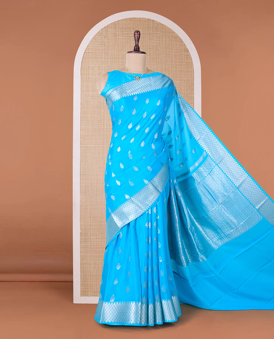 Blue zari buttas Mysore silk saree, peacock eye border, and pallu of jaal design