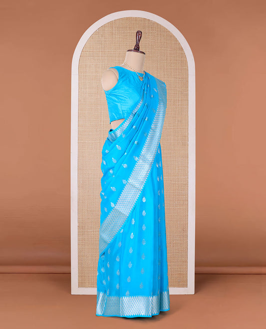 Blue zari buttas Mysore silk saree, peacock eye border, and pallu of jaal design