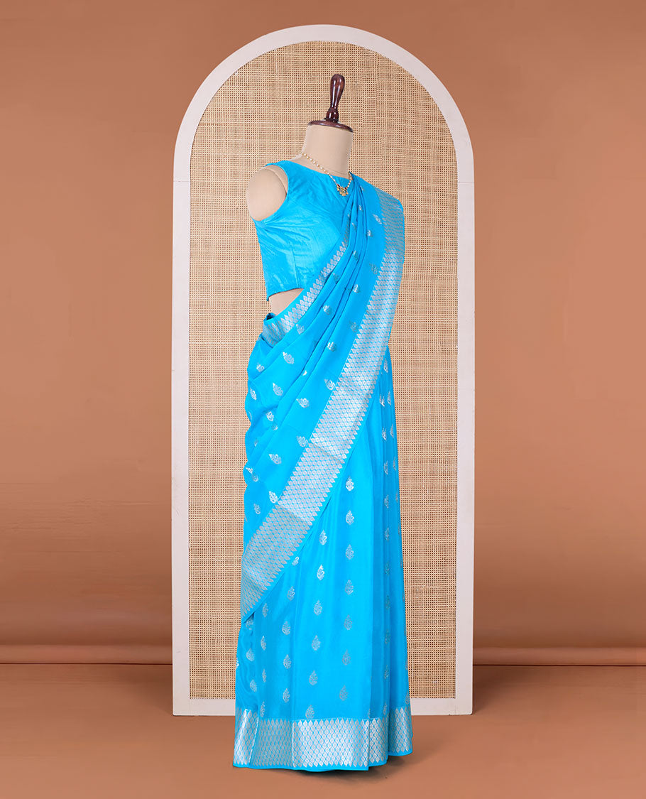 Blue zari buttas Mysore silk saree, peacock eye border, and pallu of jaal design