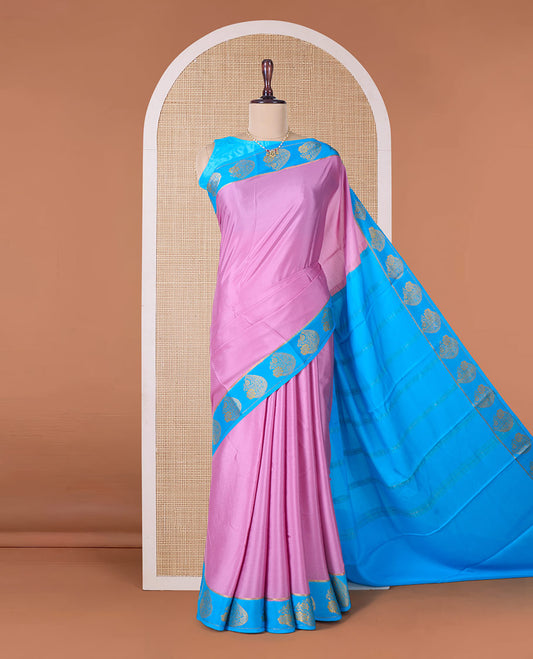 Pink plain Mysore silk saree, contrast paisley motifs border, and striped pallu