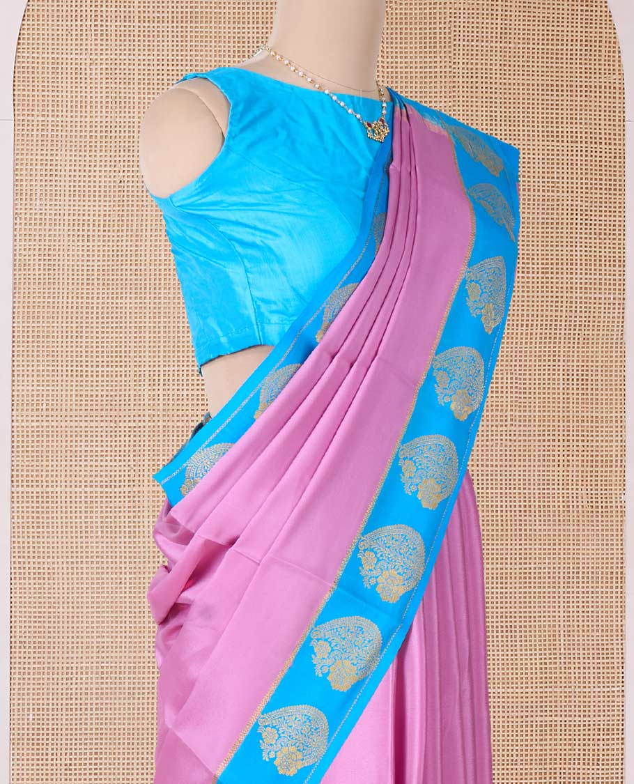 Pink plain Mysore silk saree, contrast paisley motifs border, and striped pallu