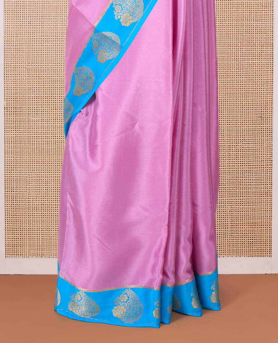 Pink plain Mysore silk saree, contrast paisley motifs border, and striped pallu