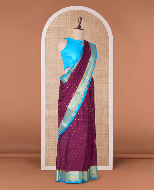 Maroon zari buttas Mysore silk saree, contrast traditional zari border, and floral jaal pallu