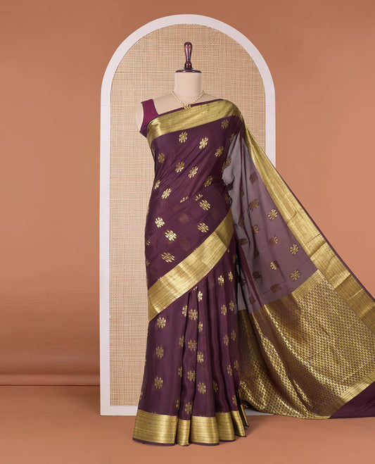 Maroon floral jaal jacquard Mysore silk saree, jaal patterned border, and jaal pallu