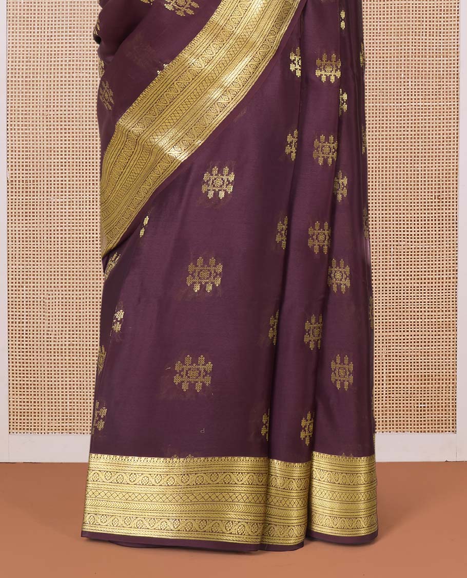 Maroon floral jaal jacquard Mysore silk saree, jaal patterned border, and jaal pallu