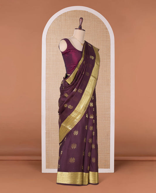 Maroon zari buttas Mysore silk saree, traditional zari border, and jaal pallu