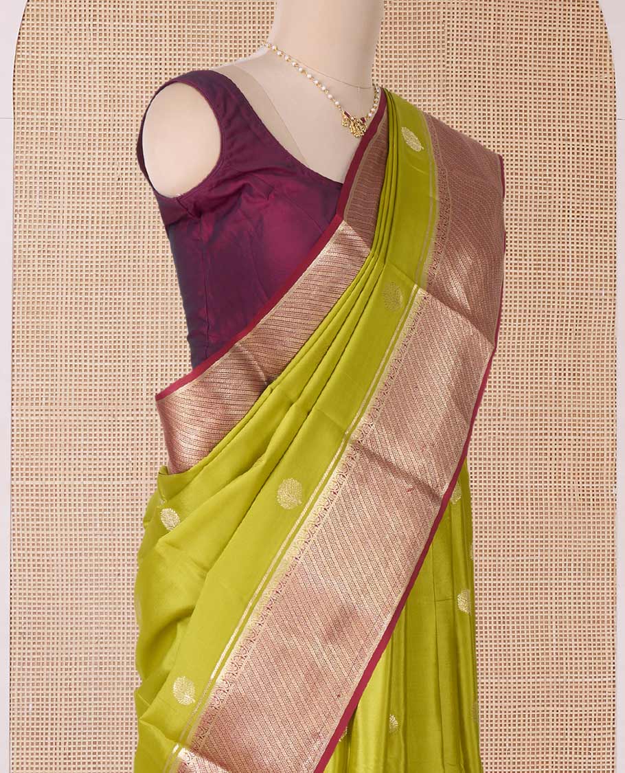 Green tree butta Mysore silk saree, contrast traditional zari border, and intricate pallu