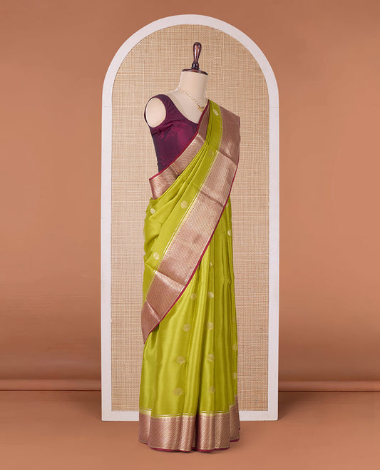 Green tree butta Mysore silk saree, contrast traditional zari border, and intricate pallu