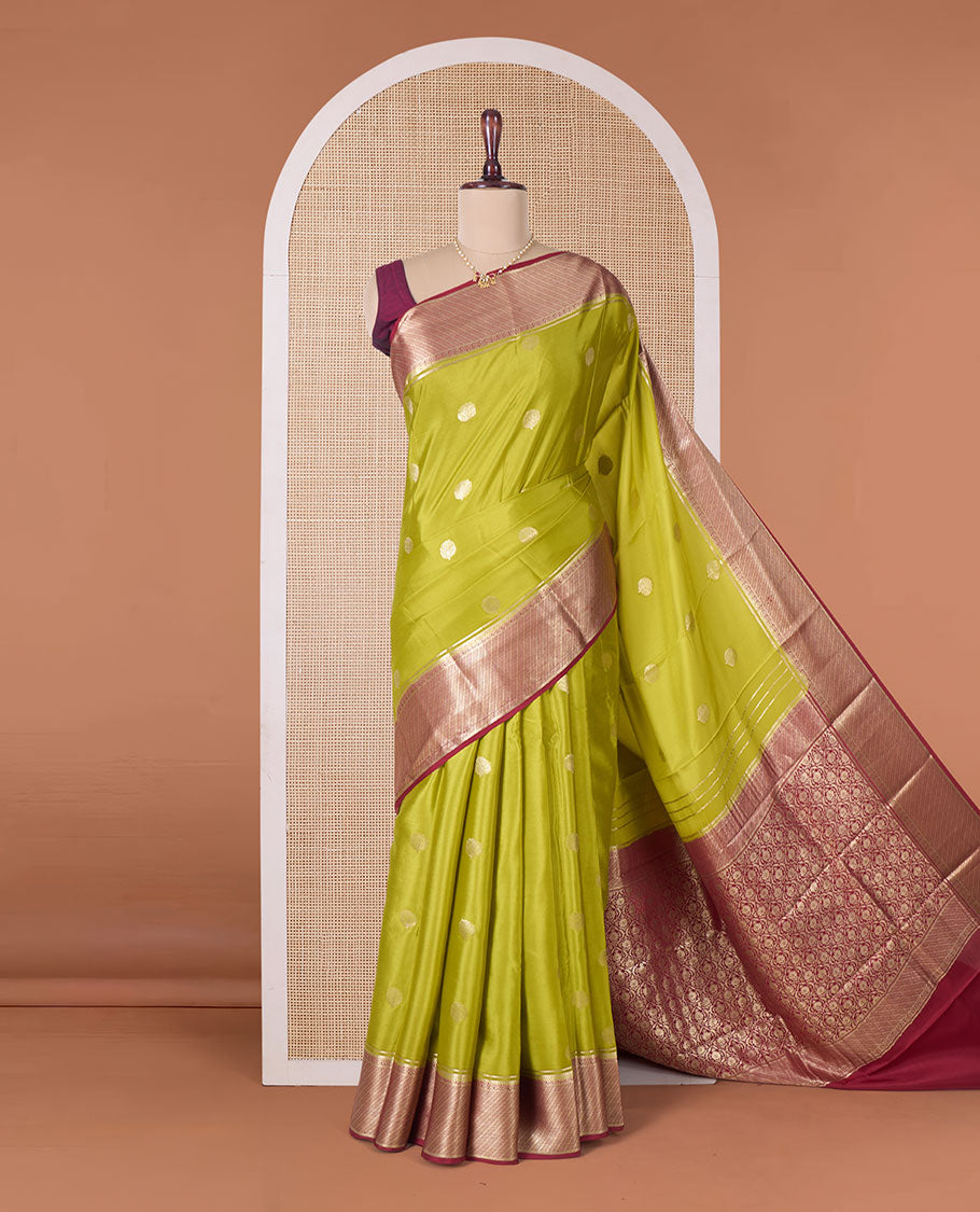 Green tree butta Mysore silk saree, contrast traditional zari border, and intricate pallu