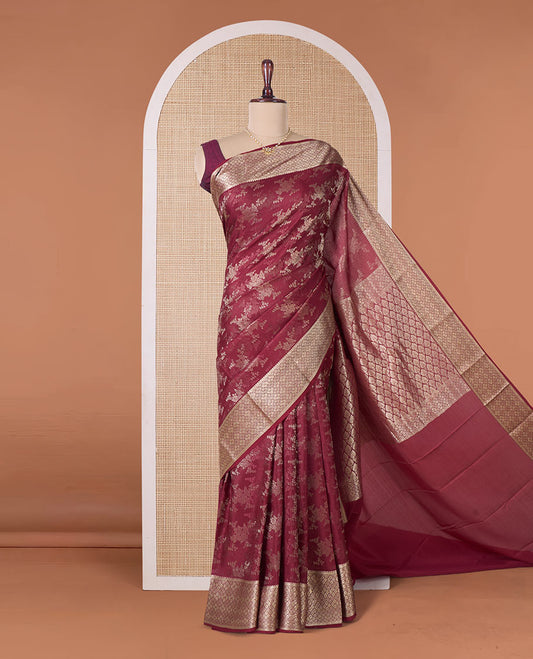 Maroon floral jaal jacquard Mysore silk saree, jaal patterned border, and jaal pallu