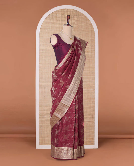 Maroon floral jaal jacquard Mysore silk saree, jaal patterned border, and jaal pallu
