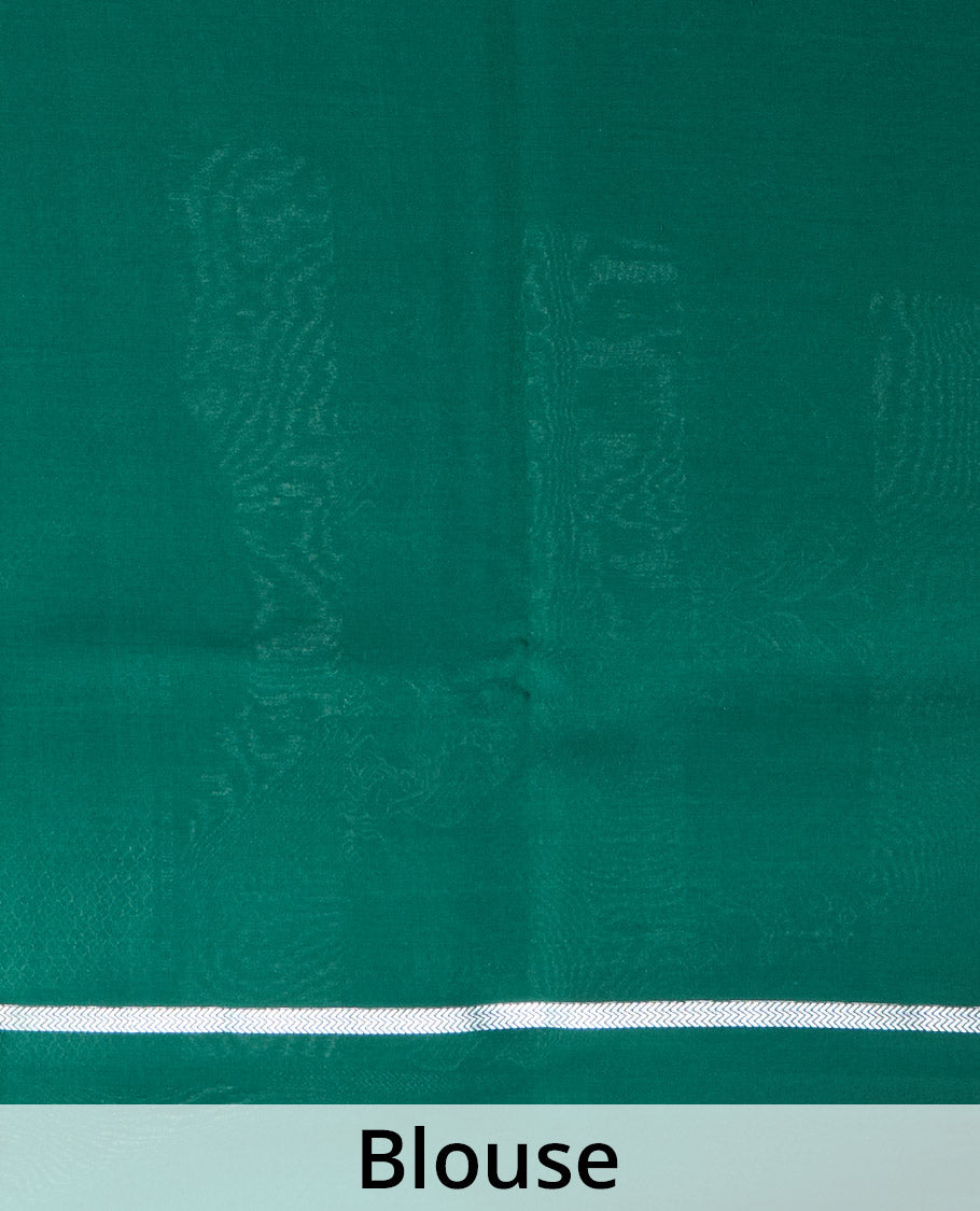 Green peacock, elephant, and floral creeper striped Mysore silk saree, self-border, and pallu of kanchipuram inspired flora-fauna designs