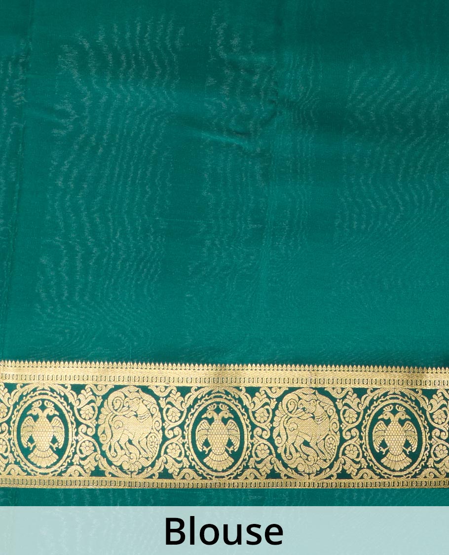 Pink plain Mysore silk saree, contrast border of two-headed eagle, and yaali designs, and zari striped pallu