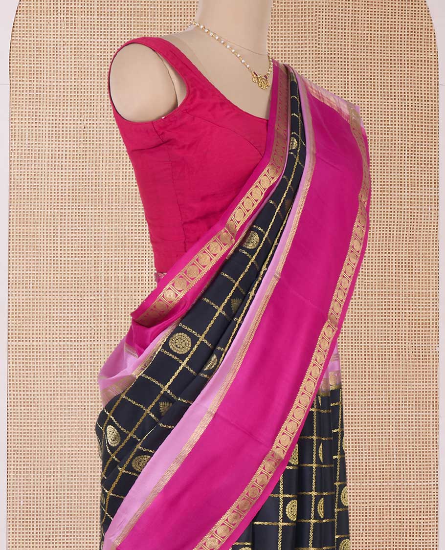 Black butta enclosed checked Mysore silk saree, contrast traditional zari border, and pallu of zari thick stripes