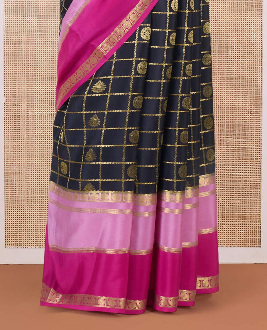 Black butta enclosed checked Mysore silk saree, contrast traditional zari border, and pallu of zari thick stripes